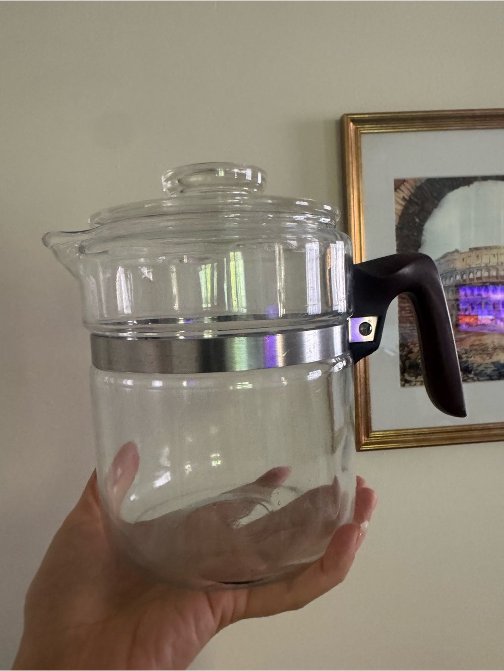 Pyrex Clear Glass Coffee Pot with Black Handle and Silver Band